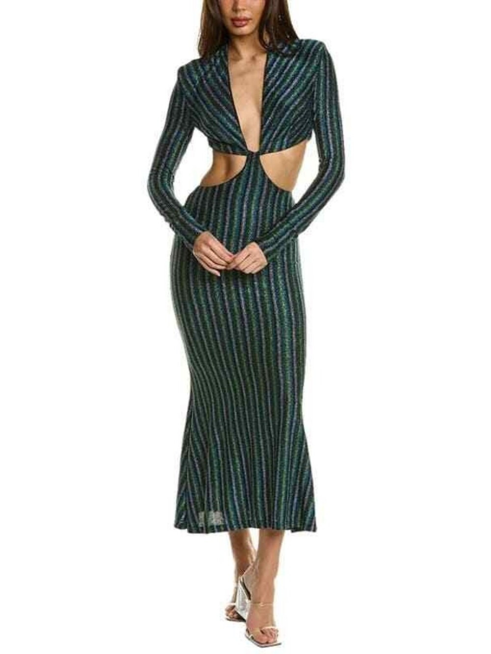 Misha Despina Metallic Blue Disco Stripe 70s Glam Cut Out Midi Dress Size 10